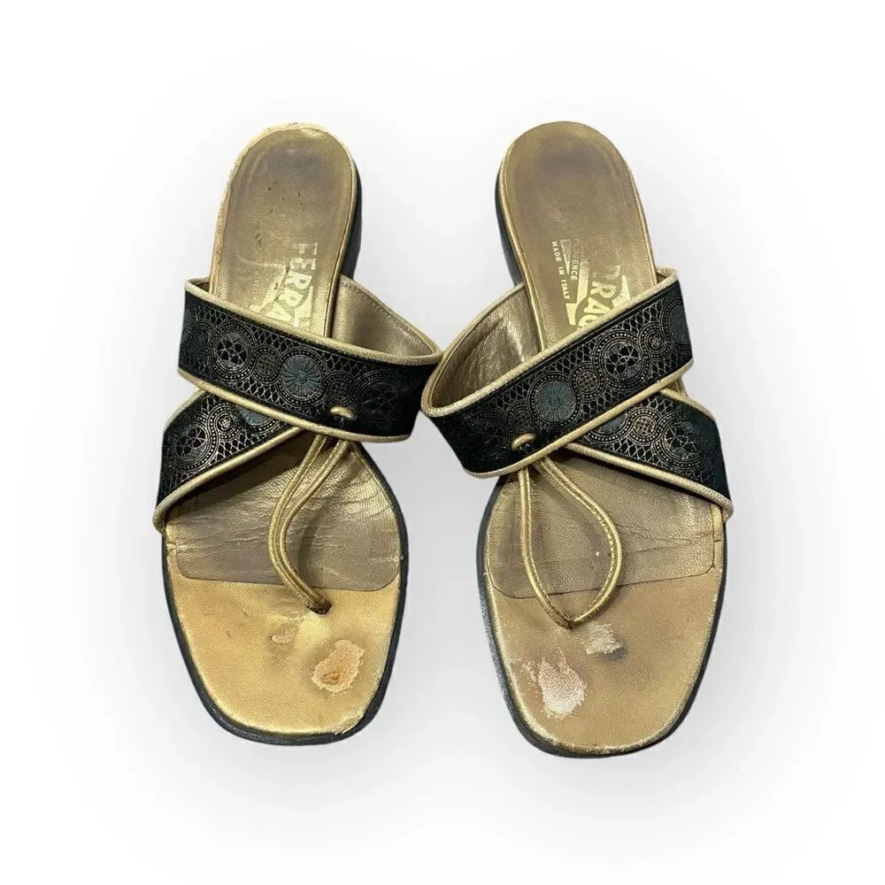 Ferragamo Black and Gold Women's Sandals